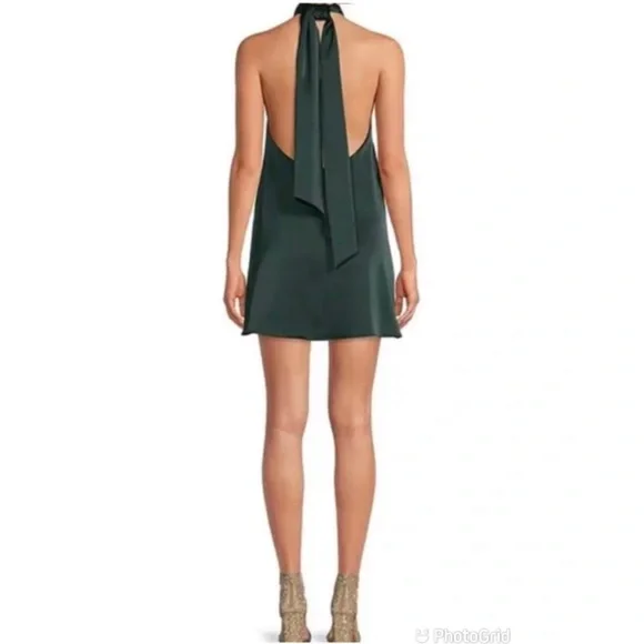 GIANNI BINI Green Satin Halter Mini Dress Backless Mod‎ 60s Minimalist Large New - Picture 4 of 11